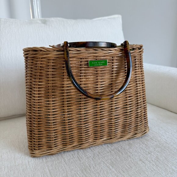 Kate Spade Wicker Basket Bag with Tortoise Handles & Paisley Interior - Picture 2 of 10